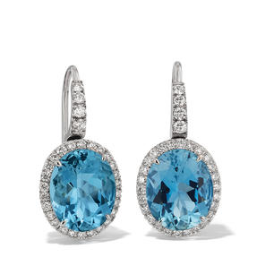 耳環，18K白金製成，鑲嵌無色鑽石和海藍寳。