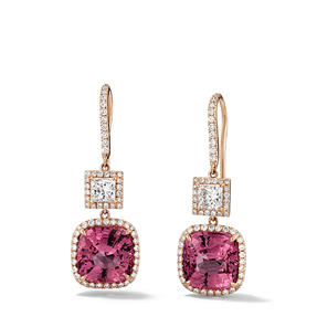 Earrings in 18k rose gold set with red spinel and colourless diamonds.