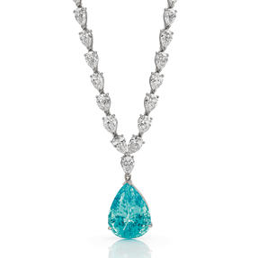 Necklace in platinum set with colourless diamonds and a magnificent Paraiba Tourmaline