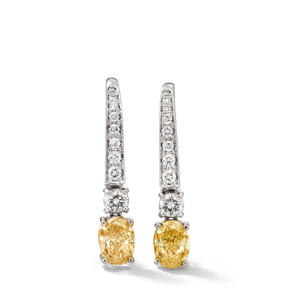 Ohrringe in 750 Weißgold und Gelbgold mit Fancy Intense Yellow und weißen Diamanten.