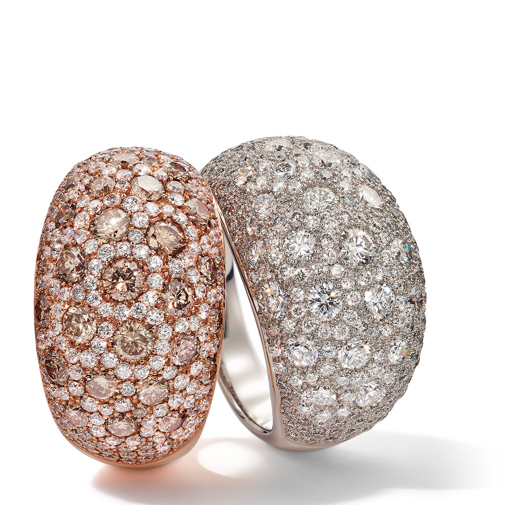 Ringe in 750 Weißgold und Roségold mit weißen und Champagner Farbenen Diamanten. Erhältlich in verschiedenen Größen.